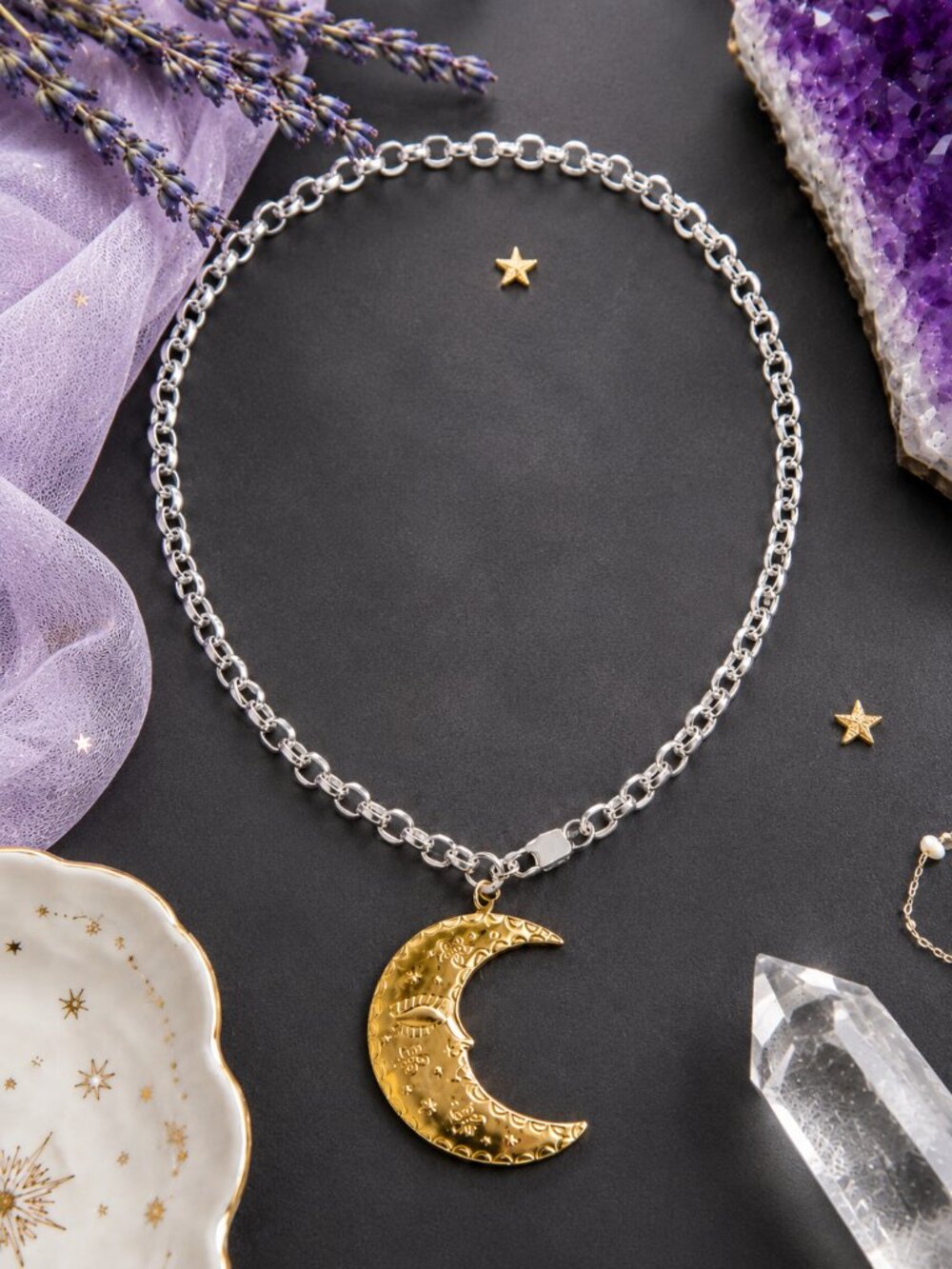 Crescent Moon Pendant Necklace 18K Gold Silver SS Two-Tone Celestial Witchy 18"